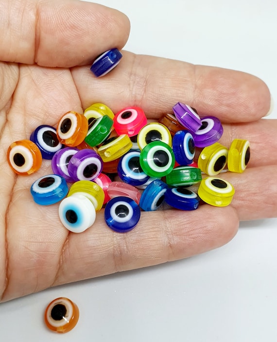 100 Psc Evil Eye Beads 10mm Flat Round, Evil Eye, Mixed Colors