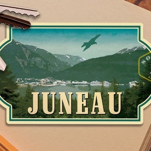Juneau, pegatina de viaje de Alaska, pegatina de estilo vintage para maleta, equipaje, portátil o botella de agua