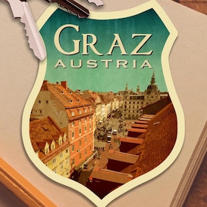 Sticker de voyage Graz, cadeau de voyage de style vintage, stickers pour bagages, valise, scrapbooking, agenda, ordinateur portable ou bouteille d'eau.