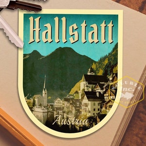 Adesivo de viagem Hallstatt Áustria, presente de viagem estilo vintage, decalques para bagagem, mala, álbum de recortes, planejador, laptop ou garrafa de água.