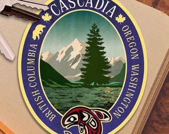 Cascadia reseklistermärke, vintagestildekal för resväska, bagage, laptop eller vattenflaska