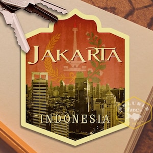 Sticker de voyage Jakarta en Indonésie, sticker de style vintage pour valise, bagage, ordinateur portable ou bouteille d'eau
