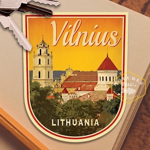 Adesivo de viagem Vilnius, Lituânia, presente de viagem em estilo vintage, decalques para bagagem, mala, álbum de recortes, planejador, laptop ou garrafa de água.