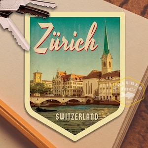 Sticker de voyage Zurich Suisse, cadeau de voyage de style vintage, stickers pour bagage, valise, scrapbooking, agenda, ordinateur portable ou bouteille d'eau.