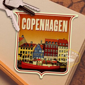 Autocollant de voyage à Copenhague, cadeau de voyage de style vintage, décalcomanies pour bagages, valise, scrapbooking, agenda, ordinateur portable ou bouteille d'eau.