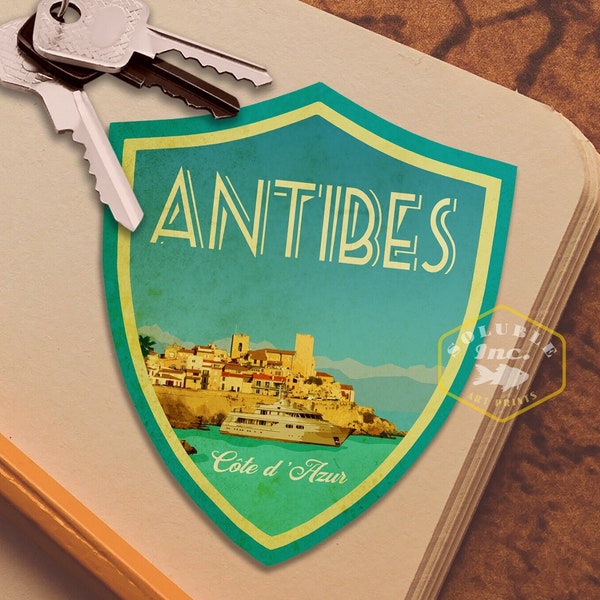 Antibes travel sticker, vintage style decal for suitcase, luggage, laptop or water bottle