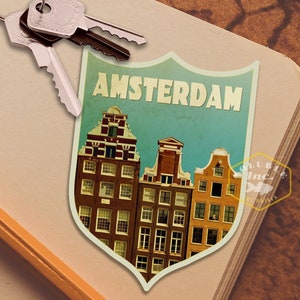 Amsterdam travel sticker, vintage style decal for suitcase, luggage, laptop or water bottle