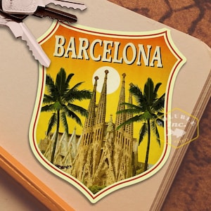 Barcelona Travel Sticker: Vintage Spain Luggage Decal