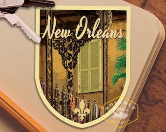 May include: A vintage-style illustration of a building in New Orleans, Louisiana. The building has a green window with shutters and a wrought iron balcony. The illustration is in a shield shape with the text "New Orleans" at the top.