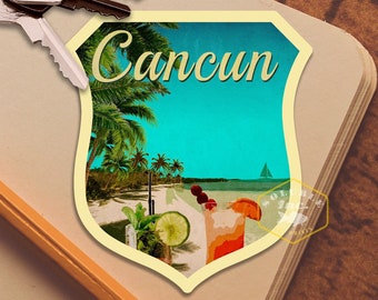 Cancun Mexico travel sticker, vintage style decal for suitcase, luggage, laptop or water bottle