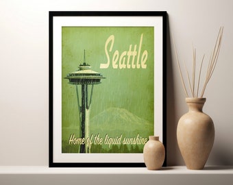 Seattle Art Print,  Vintage Travel Poster, Minimalist Wall Art, Home Decor Gift