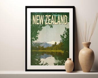 Lake Matheson New Zealand Art Print: Vintage Travel Poster