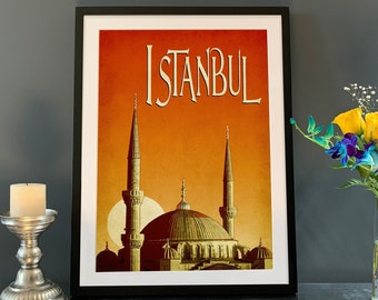 May include: A framed print of a vintage travel poster featuring a mosque in Istanbul, Turkey. The poster has a red, orange, and yellow color scheme and the text "ISTANBUL" in a decorative font.