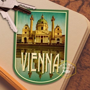 Pegatina de viaje de Viena, regalo de viaje de estilo vintage, calcomanías para equipaje, maleta, álbum de recortes, planificador, computadora portátil o botella de agua.