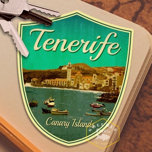 Sticker de voyage Tenerife, îles Canaries, cadeau de voyage de style vintage, stickers pour bagage, valise, scrapbooking, agenda, ordinateur portable ou bouteille d'eau.