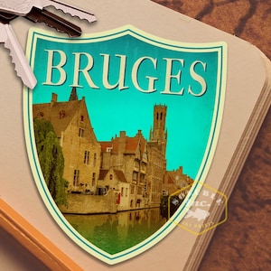 Adesivo de viagem Bruges Bélgica, presente de viagem em estilo vintage, decalques para bagagem, mala, álbum de recortes, planejador, laptop ou garrafa de água.