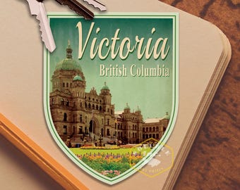 Pegatina de viaje de Victoria, Columbia Británica: calcomanía de maleta vintage