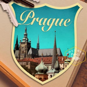 Prague travel sticker, vintage-style Travel Gift, Decals for luggage, suitcase, scrapbook, planner, laptop or water bottle.