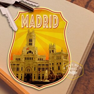 Sticker de voyage Madrid Espagne, cadeau de voyage de style vintage, stickers pour bagages, valise, scrapbooking, agenda, ordinateur portable ou bouteille d'eau.