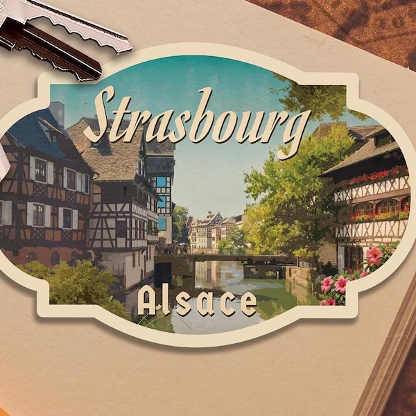 Strasbourg,  France Travel Sticker: Vintage Luggage Decal