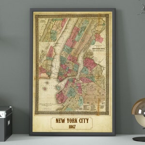 Carte vintage de New York 1867, impression d'art, art mural de style ancien, cadeau de décoration intérieure