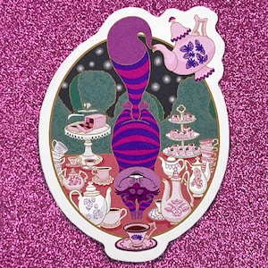 Sticker chat du Cheshire « Plongée dans le thé »