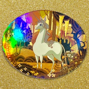 Holografische eenhoorn sticker 'The Golden Woods'
