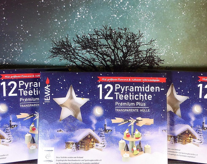 6 x 12 set of premium tea lights with transparent spout for pyramids 4 x 4 x 1.3 cm/- made in Saxony