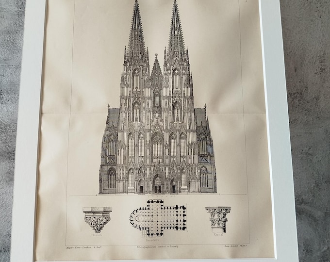 Cologne Cathedral 2x prints-antique black and white print (1890) in passepartout frame for DECORATION, study, hallway, living room, office, noble, antique/rare
