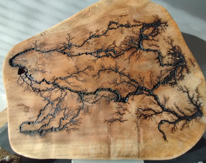 Lichtenberg figures, burned wood-Lichtenberg burned wood/DECO tray diameter 26 x 23 cm with epoxy resin green metallic/UNIQUE, handmade