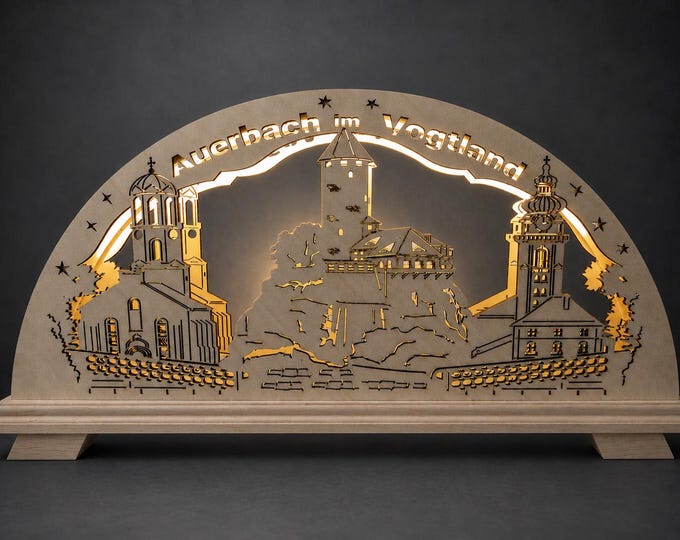 Auerbach im Vogtland, Schwibbogen/New/52 x 26 cm high quality - produced in Saxony/ 3D effect illuminated with LED strip, set of 6