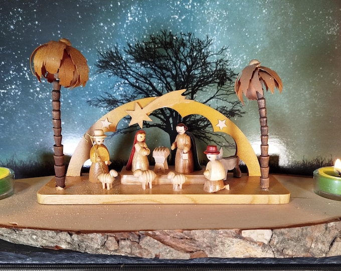DECORATIVE plate with 2x tealight in glass holder - Birth of Jesus - Christ/with carved figures -Decorative plate/unique handcraft/40 x 15 cm/upcycling