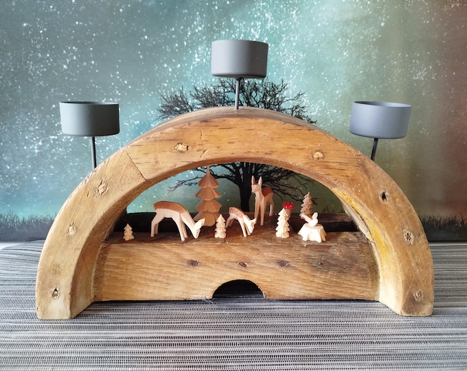 Schwibbogen, candle arch, candle holder, handmade, unique piece from an old transmission wheel, vintage /approx. 25x10x15(18) cm/antique, old, old wood