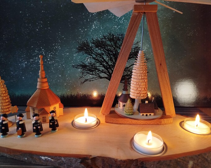Pyramid tealight (3x) (W 40 cm x H 23 cm) a. Tree disc with Erzgebirge buildings and caroling choir/unique handcraft/upcycling (old-new) sustainable