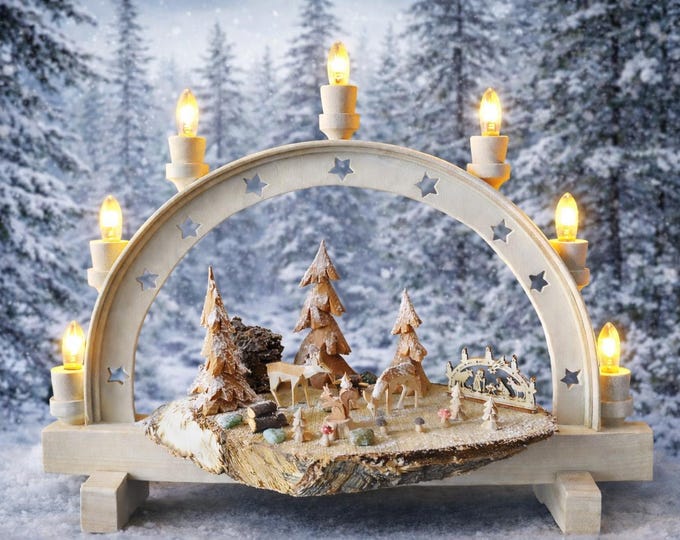 Candle arch/candle arch (medium - 41 cm x 35 cm) with 7 LEDs/meter. Forest scene with carved figures from the Ore Mountains/ Unique handmade item/ Cable with switch