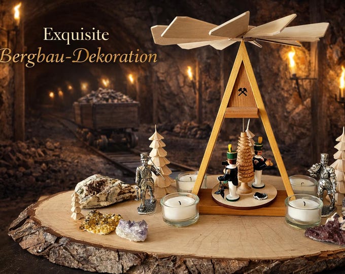 Pyramid tealight holder (4x) (W 55 cm x H 34 cm) a. Tree slice with Erzgebirge buildings and miners/figures/unique handmade item/upcycled (old-new)