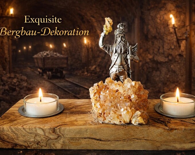 Tealight holder made of precious wood with a mining scene, miner and minerals - a handcrafted unique piece ideal for decoration / handicraft
