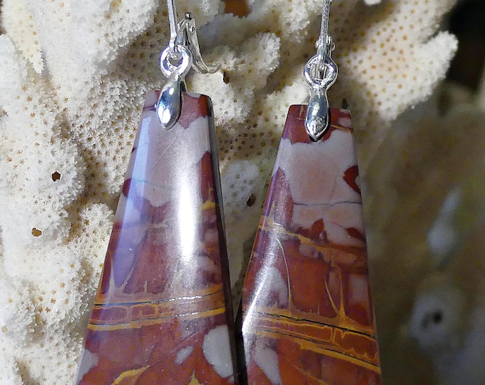 Earrings made of semi-precious stone/gemstone Norrena Jasper- with cabochon cut- with eyelet and pendant made of 925 silver/unique