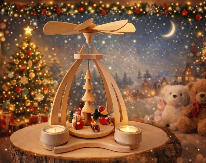 Pyramid tealight holder (4x) (W 28 cm x H 30 cm) with Erzgebirge figures / Santa Clauses and snowman / Unique handmade item / NEW