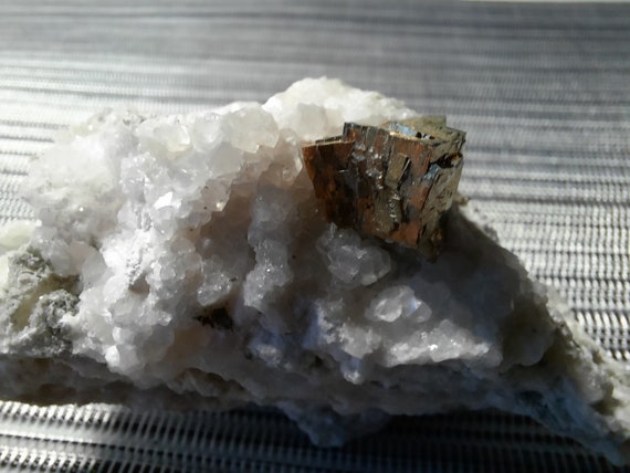 Pyrite on calcite, calcite Schönbrunn /Vogtland Saxony, Germany /minerals//mining, opencast mining, minerals/hobby, gift/birthday/DECO
