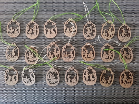 Easter decoration made of wood - egg shape with rabbit motifs - DECO for hanging Easter bouquet (approx. 4.5 cm) for celebrations, gifts, Easter