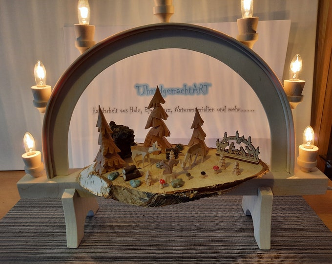 Candle arch/light arch (medium - 41 cm x 35 cm) with 7 LEDs/with cut figures/unique/cable with switch