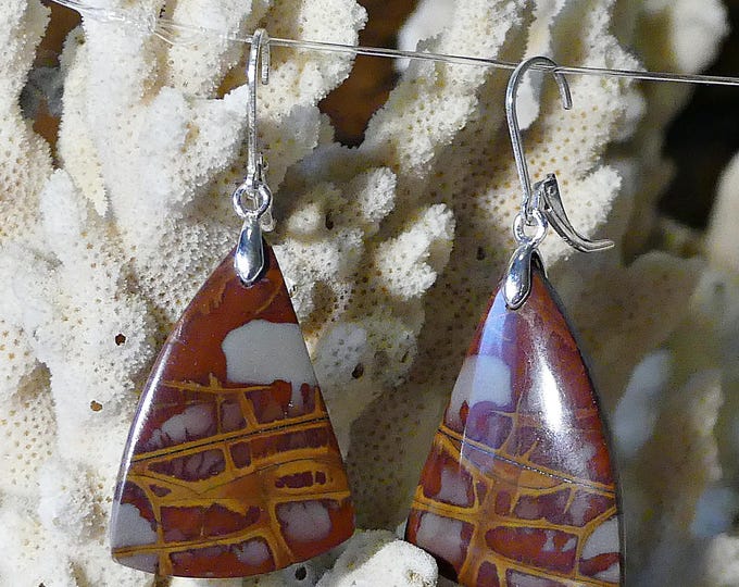 Earrings made of semi-precious stone/gemstone Norrena Jasper- with cabochon cut- with eyelet and pendant made of 925 silver/unique