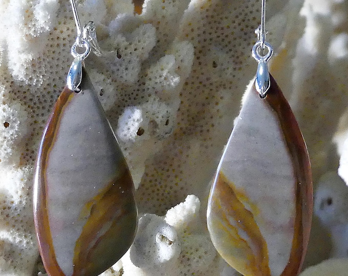 Earrings made of semi-precious stone/gemstone polychrome jasper- with cabochon cut- with eyelet and pendant made of 925 silver/unique