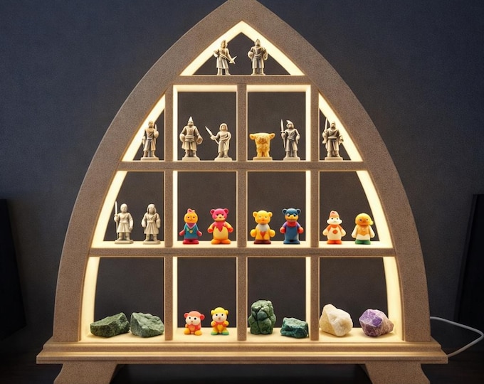 Display case - candle arch/light arch - illuminated (large - approx. 40 cm x 37 cm) LED strip/for figures, minerals/cable with switch/Ore Mountains