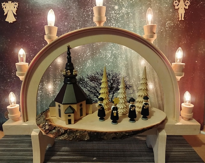 Candle arch/light arch (medium - 41 cm x 35 cm)/with scene of Seifener Church and carolers from the Erzgebirge/unique/cable with switch/upcycling