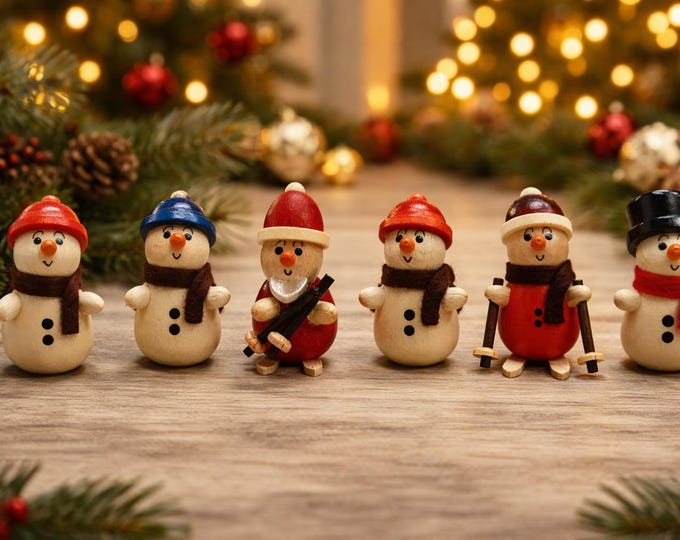10 pieces - Winter figures (snowman, Santa Claus) for standing as Christmas decorations, approx. 5 cm tall - produced in Saxony/Ore Mountains