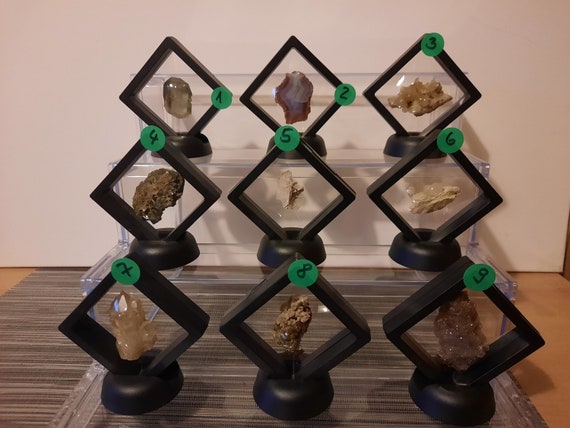 Floating frame with minerals for DEKO 7 x 7 cm - 1-9 pieces / for celebrations, mineral collectors, gifts, mining, (without electrics)/unique