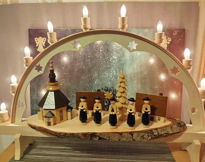 Candle arch/light arch (large) with high-quality figures from the Erzgebirge - UNIQUE/Single piece/Upcycling product/70x43x10cm
