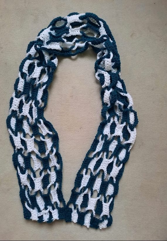 LUFTIKUS - crocheted scarf in an open pattern in white-turquoise / length 160 cm width 17 cm //NEW - unique - handmade - unique piece
